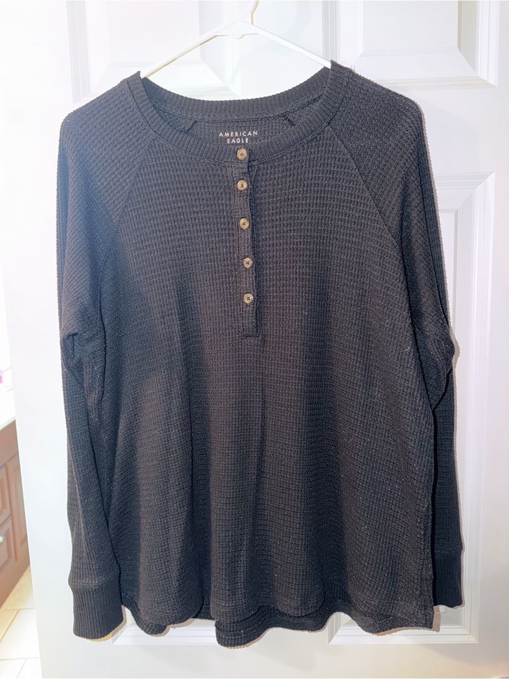 American Eagle Outfitters Black Waffle-Knit Henley Crew Sweater